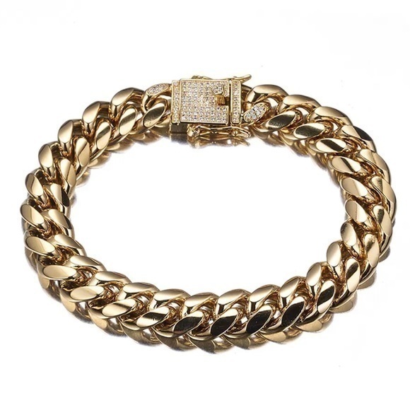 12mm Mens Miami Cuban Link Chain Bracelet Solid 18k Gold Plated Stainless Steel - Picture 1 of 5